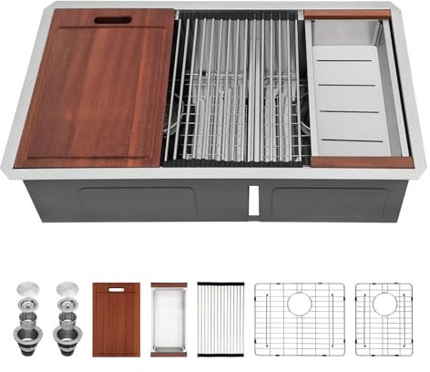 Sarlai 32 Undermount Kitchen Sink Double Bowl - 32x19 Inch Undermount Sink Stainless Steel 16 Gauge Ledge Workstation Low Divide Under Counter 60/40 Double Basin Kitchen Sinks