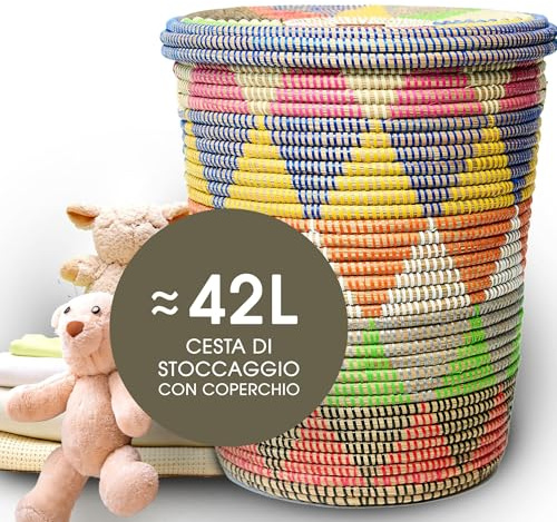 YAADU Aufbewahrungskorb mit Deckel 42L – Wäschekorb geflochten, Korb mit Deckel, Wäschesammler, Korb für Kinderzimmer. Afrikanischer Korb, Korb mit Henkel, Modell Magal (Bunt-Dreieck)