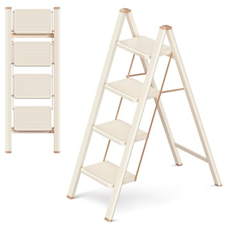 GameGem 4 Step Ladder, Folding Step Stool with Anti-Slip Pedal | Sturdy Carbon Steel, Non Slip Feet, Portable Step Ladder for Home Kitchen, Cream Chocolate