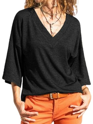 Fisoew Chemise pour Femme à Manches 3/4, avec col en V, décontractée, Estivale., Noir, Medium