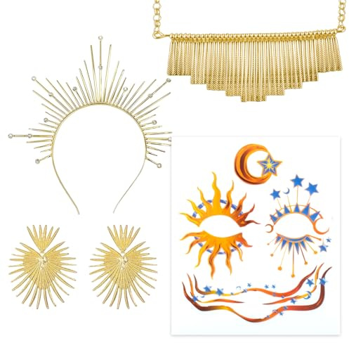 GWAWG 4 Pièces déesse du soleil Tiara et couronne Sunburst Bandeau de tête,décoration du visage,collier déesse du soleil et boucle d'oreille pour Cosplay Festival de mariage de la veille du nouvel an