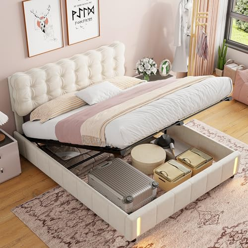 BestAlice Bett mit Schubladen, 160 x 200 cm, gestepptes Doppelbett mit LED-Beleuchtung, Lattenrost, Samt, mit Stauraum, Hydraulische Funktion für Erwachsene und Jugendliche