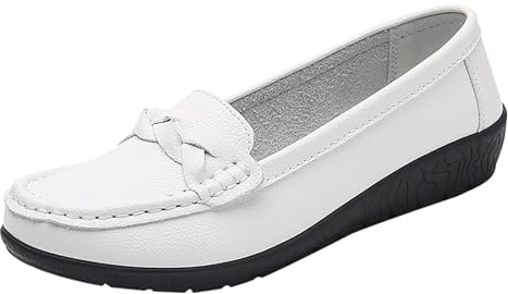 Scarpe da donna in pelle, leggere, estive, comode, per il tempo libero, per camminare, mocassini, slip, suola piatta, eleganti, business, scarpe da trekking, bianco, 40 EU