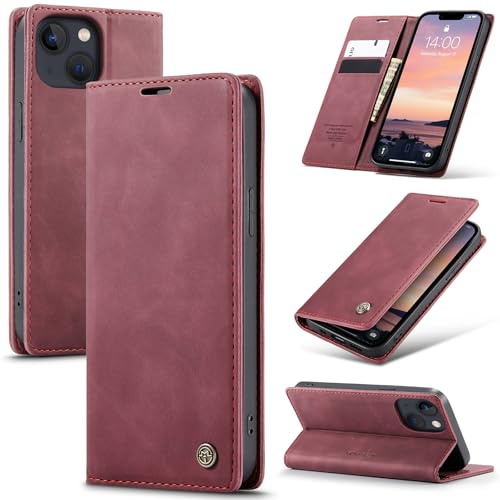 Azororo Handyhülle für iPhone 13 Mini 5G Hülle Premium Lederhülle Flip Case Magnet Tascher Kartenfach Standfunktion Klapphülle Schutzhülle für iPhone 13 Mini, Weinrot