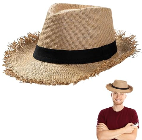 Strohhut Strandkappe Breiter Rand Sommervisier Strand Sonnenhut Geflochten Ausgefranst Sommerhut Panamahut Jazz-Hut Herren Fransenhut Strohhut Strandhut Hawaii Hut für Strand Garten Pool Park Khaki