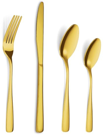 BEWOS 32 Pcs Stainless Steel Cutlery Set for 8 People - Gold Cutlery with Ergonomic Handle, Gold Knife and Fork Sets Ideal for Family Dining, Camping, Mirror Polished & Dishwasher Safe