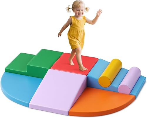 Helangel Blocchi da costruzione in schiuma per bambini, mattoncini morbidi per arrampicarsi e scatenare (set di 8 pezzi, spugna + custodia in pelle, colore)