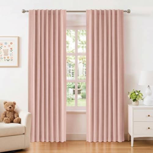 INOVADAY 100% Verdunklungsvorhänge Blush Rosa 2 Stück, H 245 x B 140 cm | Gardinen Blickdicht Wohnzimmer, Vorhang Blickdicht Leinenoptik, Thermovorhang, Geräuschreduzierend, Flexibel Aufzuhängen,OEKO