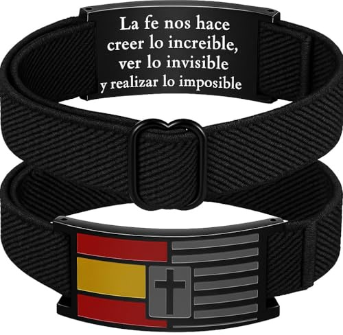 HOGALTHY Pulsera España Militar-Pulseras de hombre elásticas con cierre ajustable hasta 25 cm-Brazalete acero inoxidable bandera española y cruz fe cristiana-Regalo personalizado con bolsa (NEGRO)
