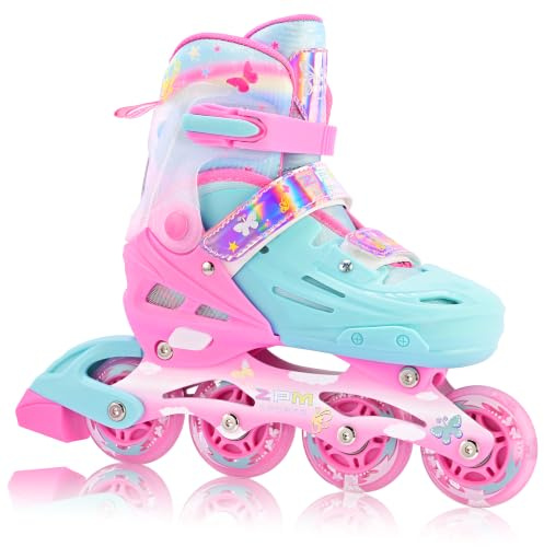 2PM SPORTS Pattini in Linea per Bambine Regolabili, Roller per Bambine Principianti 4-14 Anni, Pattini da Esterno con Design Farfalle Rosa e Verde