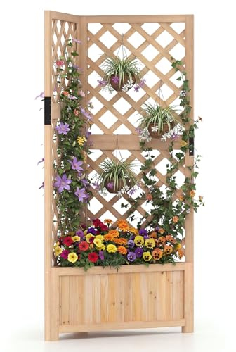 GOPLUS Jardineras con Enrejado Angular de Madera, Cama Elevada de Jardín, Orificios de Drenaje, para Flores Verduras Plantas Trepadoras, Macetero Exterior para Patio Jardín, 55 x 55 x 140 cm (Natural)
