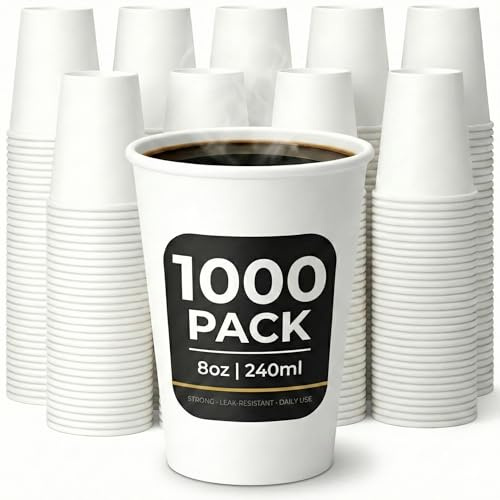 Paper Cups 8oz (240ml) – 1000 Pack White Disposable Coffee Cups – Strong Single Wall Cups for Hot & Cold Drinks – Leak-Resistant, Smooth Rim – Ideal for Parties, Home, Office, Cafés & Events