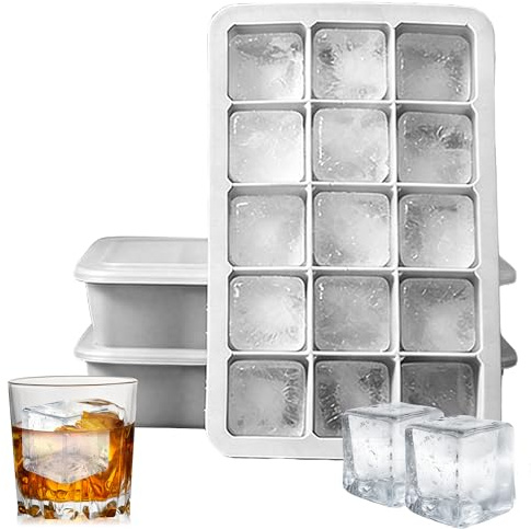 XiaoLidm 2 Packs Silicone Ice Cube Tray, 15 Cubes ice Cube Tray with lid, Easy Release Silicone Stackable Ice Cube Mold for Cocktail Whisky(Grey)
