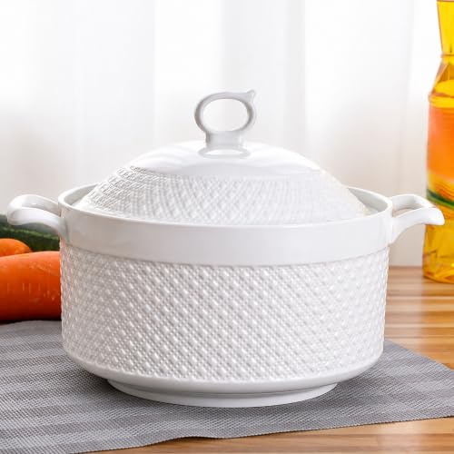 YLME Cuenco De Porcelana para Servir Sopa Sopera De CeráMica con Tapa Y Cuchara DiseñO Antiescaldaduras En Ambas Asas para Microondas Color Blanco,2400ml