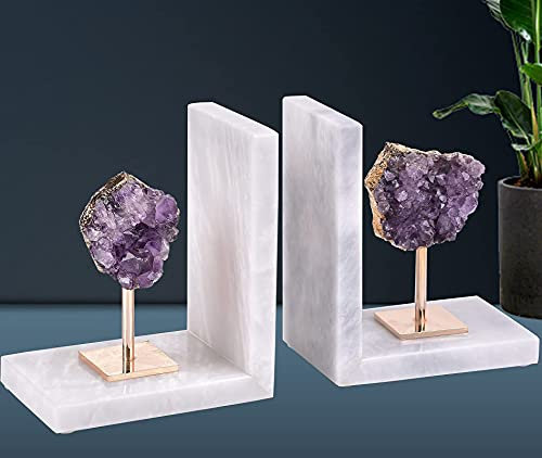 AMOYSTONE Amethyst-Buchstützen für schwere Bücher, dekorative Marmor-Buchstützen, Stein, Lila, rutschfeste Regale, Dekoration, 1 Paar, 2,3 kg