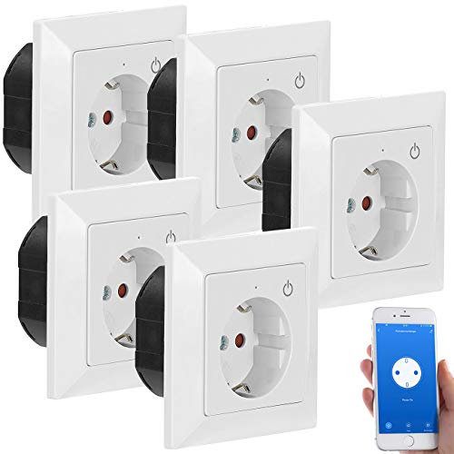Luminea Home Control Smarte Steckdosen: WLAN-Unterputz-Steckdose mit App, für Siri, Alexa & GA, 5er Pack (Programmierbare Steckdose, Einbausteckdose mit Schalter, Fernbedienung)