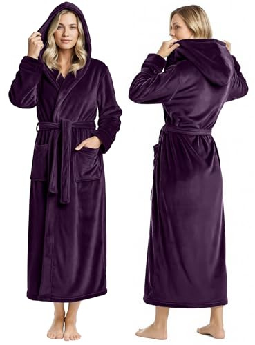 NY Threads Langer Damen-Bademantel aus Fleece mit Kapuze, Pflaume, Small
