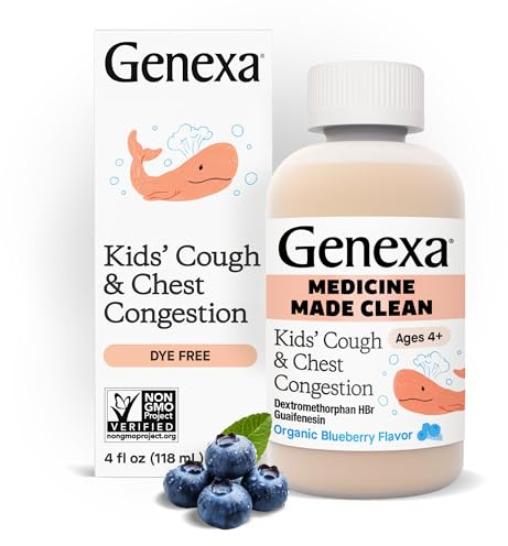 Genexa Kids’ Clean Cough & Chest Congestion Medicine, Dye Free, 0% Artificial Additives, Multi-Symptom Cough Syrup for Kids 4-11, Cough Suppressant & Expectorant, Organic Blueberry Flavor, 4 fl oz