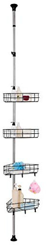 BAOYOUNI Mensola ad Angolo per Bagno Telescopico in Metallo Scaffale Doccia Organizer Senza Perforazione con 4 Stoccaggio Cestelli Regolabile in Altezza 185 a 240cm o 255 a 310cm Nero