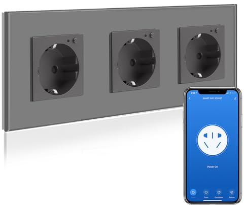 BSEED Wifi Smart Steckdose,arbeitet mit Amazon Alexa,Google Home,Timing-Funktion und APP-Steuerung,3 Fach Schuko Steckdose Grau,Unterputz Glas Intelligente Wandsteckdose-auf NUR 2.4 GHz Netzwerk