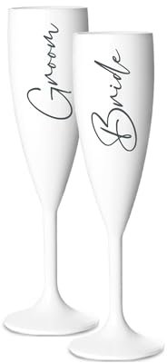 Print Maniacs Champagne Premium White Flute Glass Bride Groom Mr Mrs Wedding Maid Honour Wine Cocktail Prosecco Celebrations Gift (Grey, Bride + Groom Set)