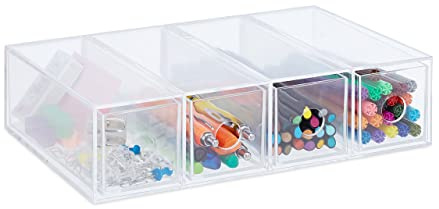 Relaxdays Lådbox plast, H x B x D: 6 x 25 x 17,5 cm, hög och liggande format, lådelement 4 fack, transparent