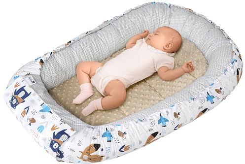 Medi Partners Babynest, gosig nest, babynest, 100% bomull, resesäng för spädbarn, 100 x 60 x 15 cm, avtagbar(Bohodjur med beige Minky-mönster)