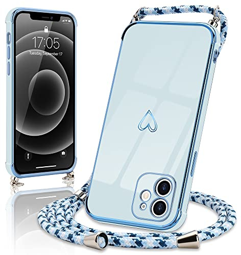 Micoden Handykette für iPhone 11 Hülle Necklace mit Band Herz Design | Kameraschutz Handyhülle Herz Design Galvanik Dünn Silikon Case Bumper Kordel zum Umhängen Stoßfeste Schutzhülle, Blau