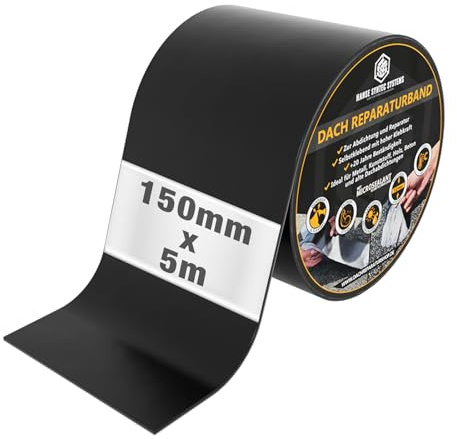 HSS Dach Reparaturband 20 Jahre beständig 150mm x 5m Schwarz selbstklebend | 150mm x 5m · Für Dach & Abdichtungen · Wasserdichtes Klebeband · Ohne Lösemittel · Schwarzes MicroSealant Dichtungsband