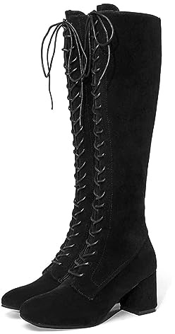 SIULAS Vintage Mittelalter Stiefel mit hohen Absätzen - Renaissance Mittelalterliche Cosplay Stiefel - Damen Retro Hohe Stiefel Knielange Schnürstiefel Festival Larp Schuhe für Cosplay,Schwarz,38