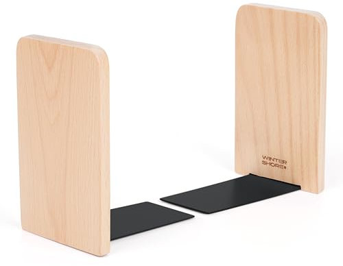 Winter Shore Buchenholz-Buchhalter Regal (2er-Pack) - 1 Paar Buchstützen Holz für Schwere Bücher, CDs, Schallplatten - Stabile Buchstütze Holz mit Rutschfesten Metallfüßen für Zuhause, Büro & Bücherei