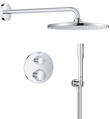 GROHE Precision Round Concealed Shower System with 2 Outlets Thermostat (31 cm Round Head Mono Rain Spray, Stick Hand Shower 1 Spray, 1.5m Shower Hose, Circular Trim), Chrome, 34880000