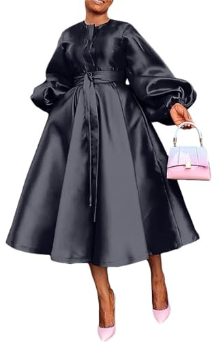 SHINFY Casual Church Dresses for Women Satin Long Sleeve A Line Semi Formal Fit Maxi Long Dresses with Pockets