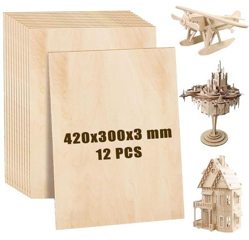 MUXHEL 12 fogli di compensato, 420 x 300 x 3 mm, fogli di legno di tiglio non finiti A3, per artigianato, arte, pittura, fai da te e incisione
