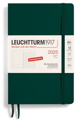 LEUCHTTURM1917 370524 Agenda semanal y cuaderno 2025, Paperback B6+ tapa blanda, planificador de 12 meses, 80 g, a rayas, verde bosque