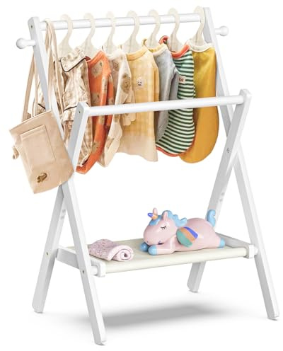 BAMBOOHOMIE Appendiabiti per bambini per baby shower, bambole per animali domestici, con ripiano portaoggetti e doppie aste, appendiabiti per bambini, mini armadio per baby shower (bianco)