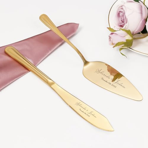 Personalized Cake Cutting Set for Wedding, Custom Cake Knife and Server Set, Stainless Steel Cake Serving Set, Engraved Pastry Pie Pizza Cutter Cake Slice, Bridal Anniversary (Gold)
