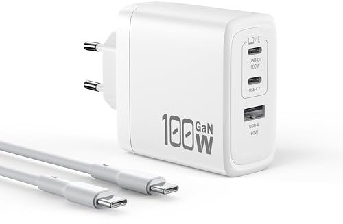 OUFUYU Chargeur USB C 100W, GaN 3 Ports Chargeur Rapide, PD QC Adaptateur Pour MacBook Pro/Air, Google Pixelbook, ThinkPad, Dell XPS, i-Pad Pro, iPhone 16/15/14/13, Samsung S24/S23, câble 1,8 m inclus