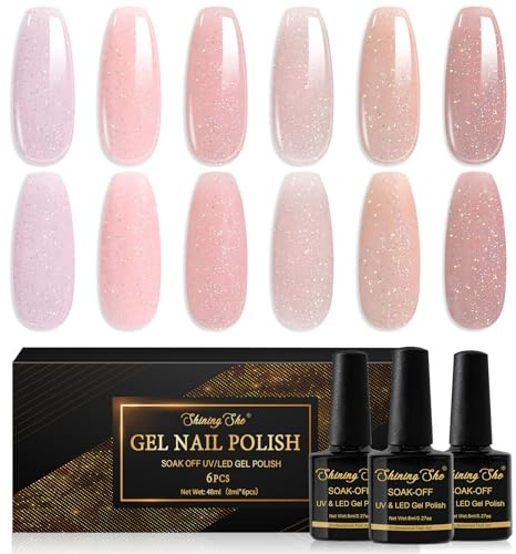 Shining She UV Nagellack Glitzer jelly,6 Farben Holographischer Schimmer Rosa Gel Nagellack, Nude Rosa Natürlich Transparent Glitzer Gellack Soak Off UV Gel Nail Polish für Anfänger Art Salon DIY,8ML