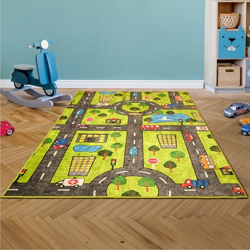 Bosdela Tappeto per bambini e neonati – Diverse varianti di design, lavabile, antiscivolo, morbido, ideale per camerette e sale giochi, 100 x 160 cm, verde città.