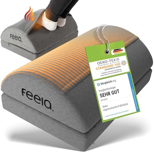 feela.® Ergonomische Fußstütze Schreibtisch [VERGLEICHSSIEGER] mit Wärmekissen – Höhenverstellbarer Fußhocker, Premium-Schaumkern & rutschfest. Ideales Homeoffice Büro Zubehör (Dunkelgrau)