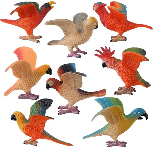 AENIMELY 8 Stück Realistische Papageien Figuren – Deko Vogelspielzeug für Feengarten & Puppenhaus, Lernspielzeug Set & Geburtstagskuchen Topper, Geschenk für Kinder