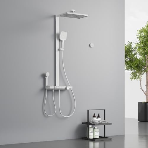 EMKE® Duschsystem Regendusche 40 cm LED-Anzeige Glasablage Duschsystem mit Thermostat, mit 3+1 Elternteil und Kind Handbrause+Übergröße Regendusche +Auslauf, Einfach Install Duschsystem,Anthrazit Matt