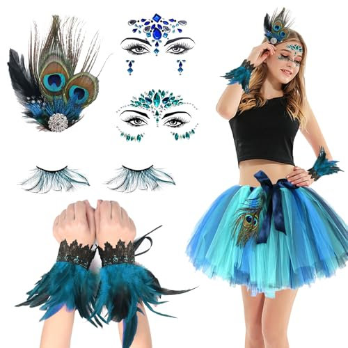 DAZZTIME Pfau Kostüm,Pfauenfedern Haarschmuck,Pfau Haarschmuck,Pfau Kostüm Accessoires,Pfau Federn Haarreif,Pfauen Kostüm Damen,Gefieder Kopfschmuck,für Karneval,Fasching,Mottoparty