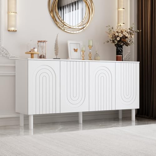 Caldion Sideboard mit 4 Türen,Pop-up Design,Küchenschrank,Küchenbuffet mit 5 Füßen,Buffetschrank Weiß,Buffetkommode,MDF,für Küchen,Wohnzimmer,Schlafzimmer,160x40x80cm