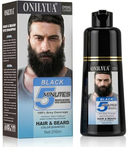 Mens Black Beard Dye Shampoo 3 in 1, 5 Minutes Grey Reducing Beard Mustache Color Shampoo Simpler, Easy Application Quick & Safe Portable, 200ML