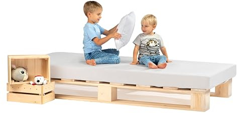 Lermowood Palettenbett M1 aus Holz 100 x 200 cm Natur mit Lattenrost Holzbett 20cm Stabiles Seniorenbett Kinderbett Jugendbett Gästebett erhöhtes Einzelbett Bettgestell Futonbett Komforthöhe Naturholz