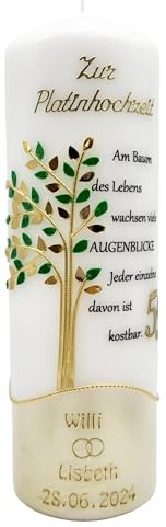 Hochzeitskerze PL-01 zur Platinhochzeit 55 in vers. Farben inkl. Namen und Datum HANDARBEIT Geschenkverpackung/Kerzenständer optional