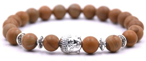 Bracciale Mala Elastico con Ciondolo Buddha – Perle di Pietra Naturale – Gioiello Spirituale per Meditazione e Yoga (Venatura del Legno)