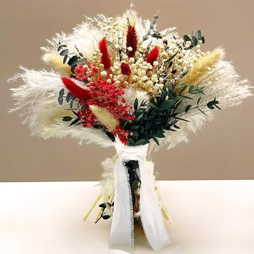Natürliche Pampasgras Deko 80 Stück Trockenblumen mit Eukalyptus und Bunny Tails ideal für Boho Wohnzimmer Schlafzimmer und Esszimmerdeko Pampasgras Getrocknete Sträuße für Vasen und Hochzeiten Boho
